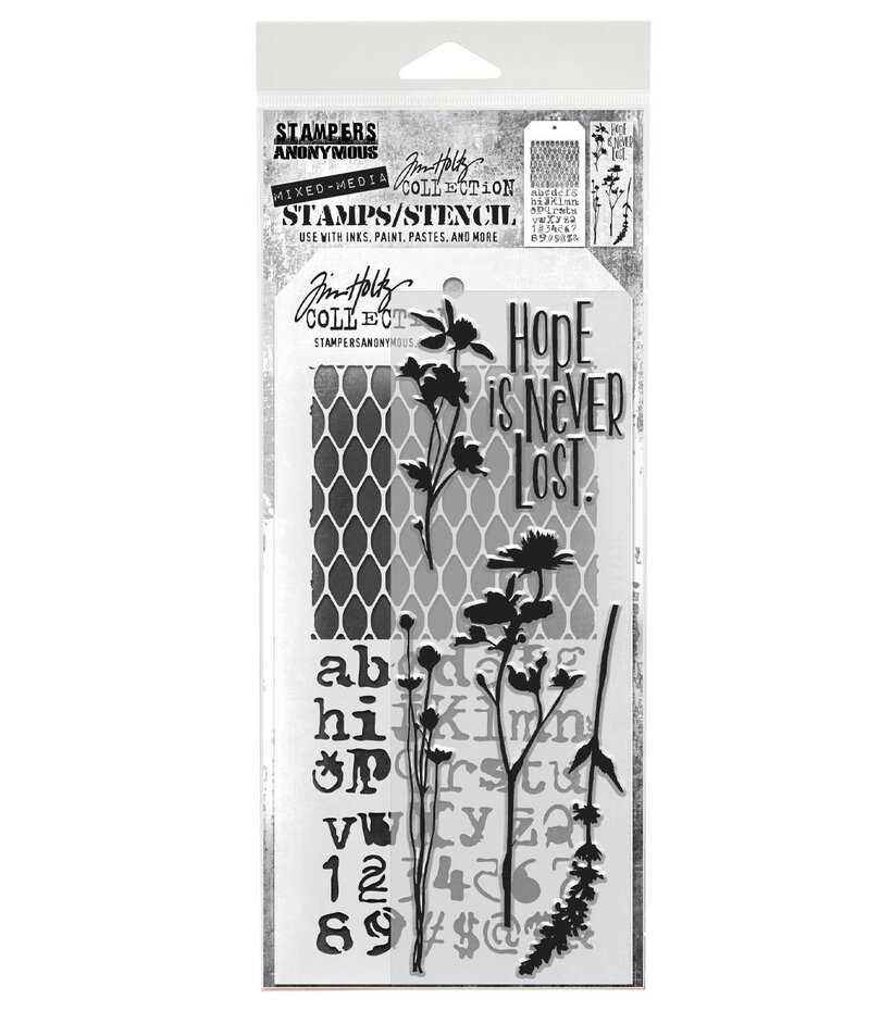 Tim Holtz Clear Stamps and Stencil - #21 Wildflowers, Mesh and Typo