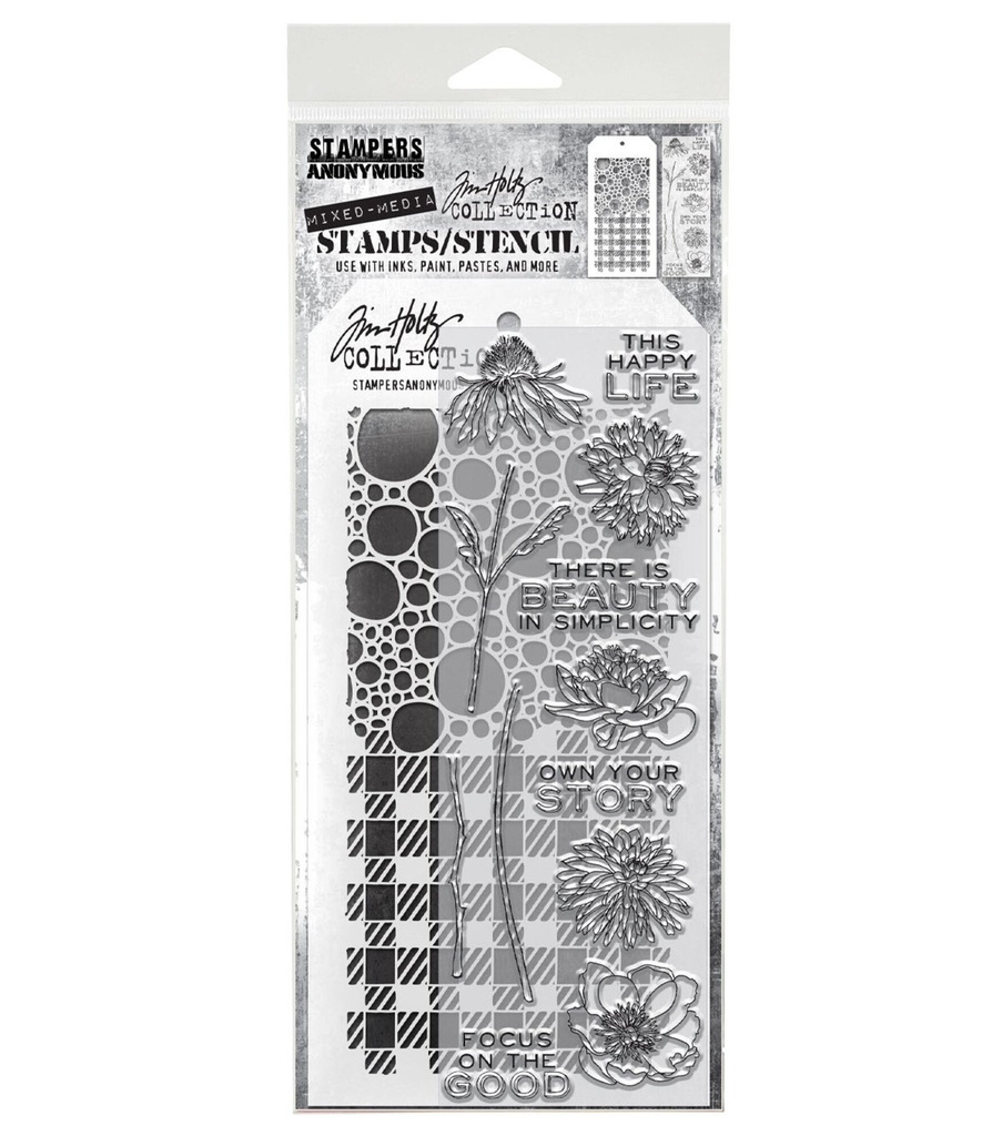 Tim Holtz Clear Stamps and Stencil - #24 Flower Garden, Bubbles and Gingham