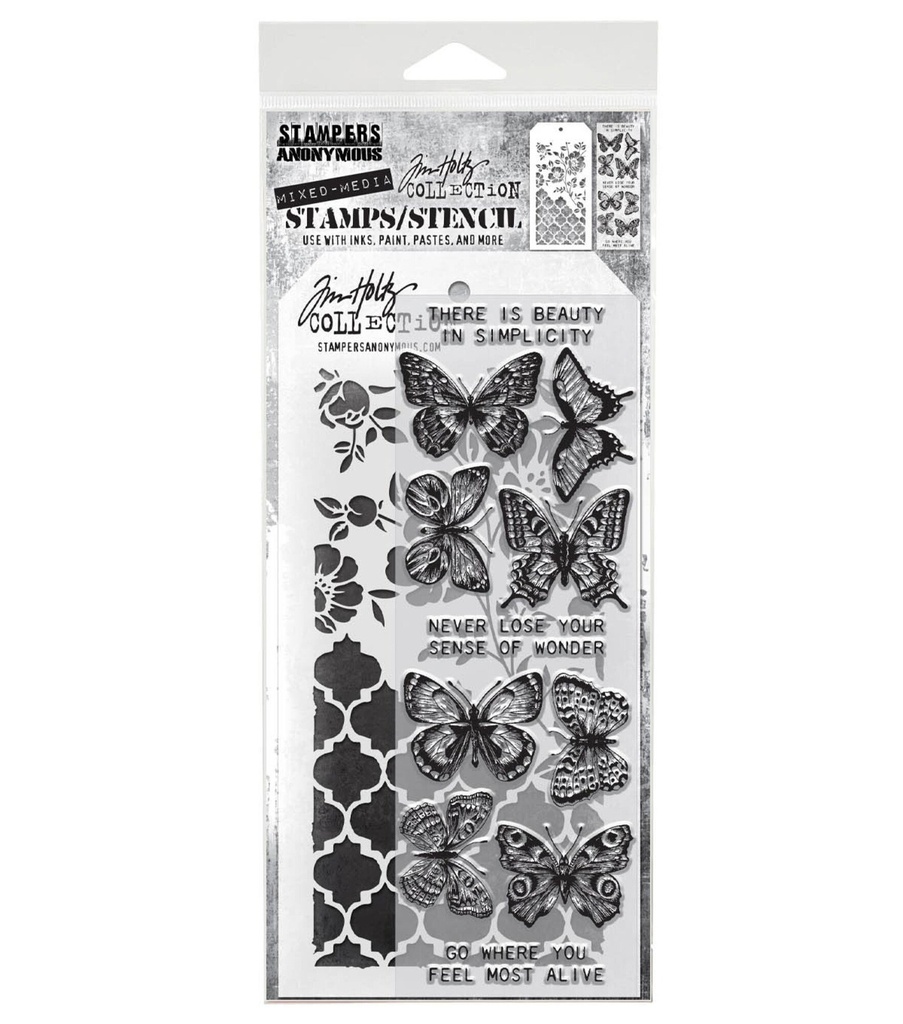 Tim Holtz Clear Stamps and Stencil - #44 Flutter, Floral and Trellis