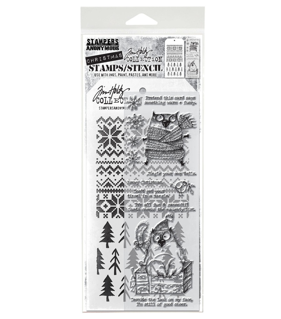 Tim Holtz Clear Stamps and Stencil - #34 Snarky Cat Christmas, Holiday Knit and Pines