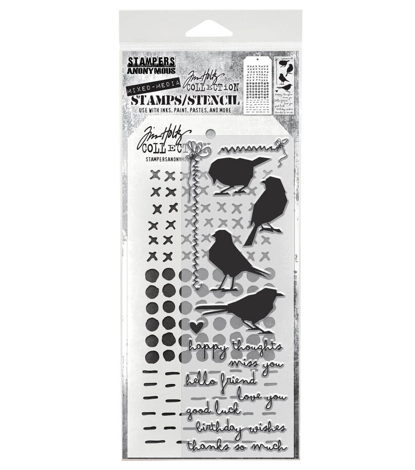 Tim Holtz Clear Stamps and Stencil - #82 Silhouette Birds, Stitches, Dotted and Dashes