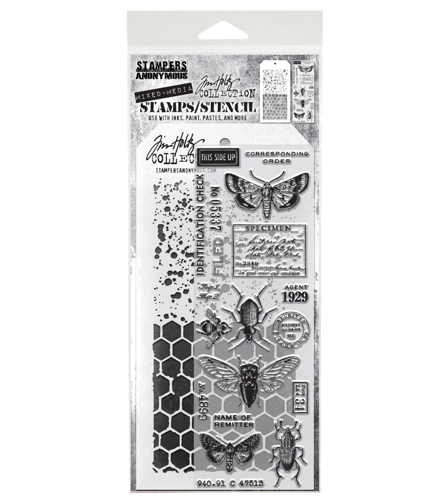 Tim Holtz Clear Stamps and Stencil - #11  Entomology, Speckles and Honeycomb