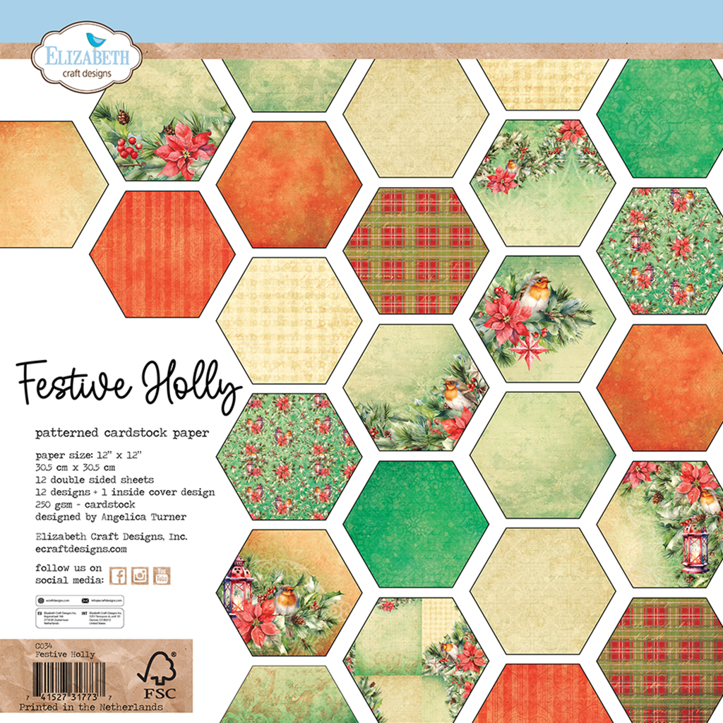 [179768] Elizabeth Craft Designs Patterned Cardstock Paper 12x12" - C034 Festive Holly