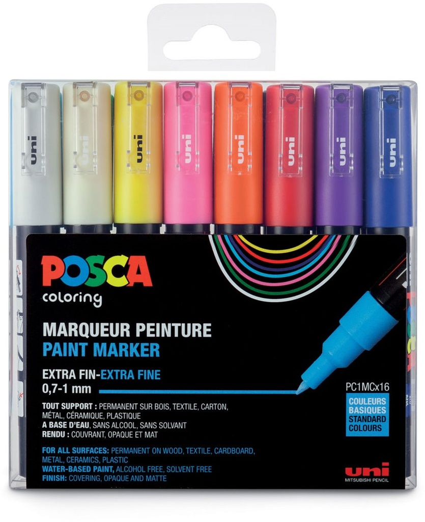 [180012] Posca Verfmarker 1MC Extra fijne conische punt (0,7 mm-1mm) - Basis Set 16/Pkg