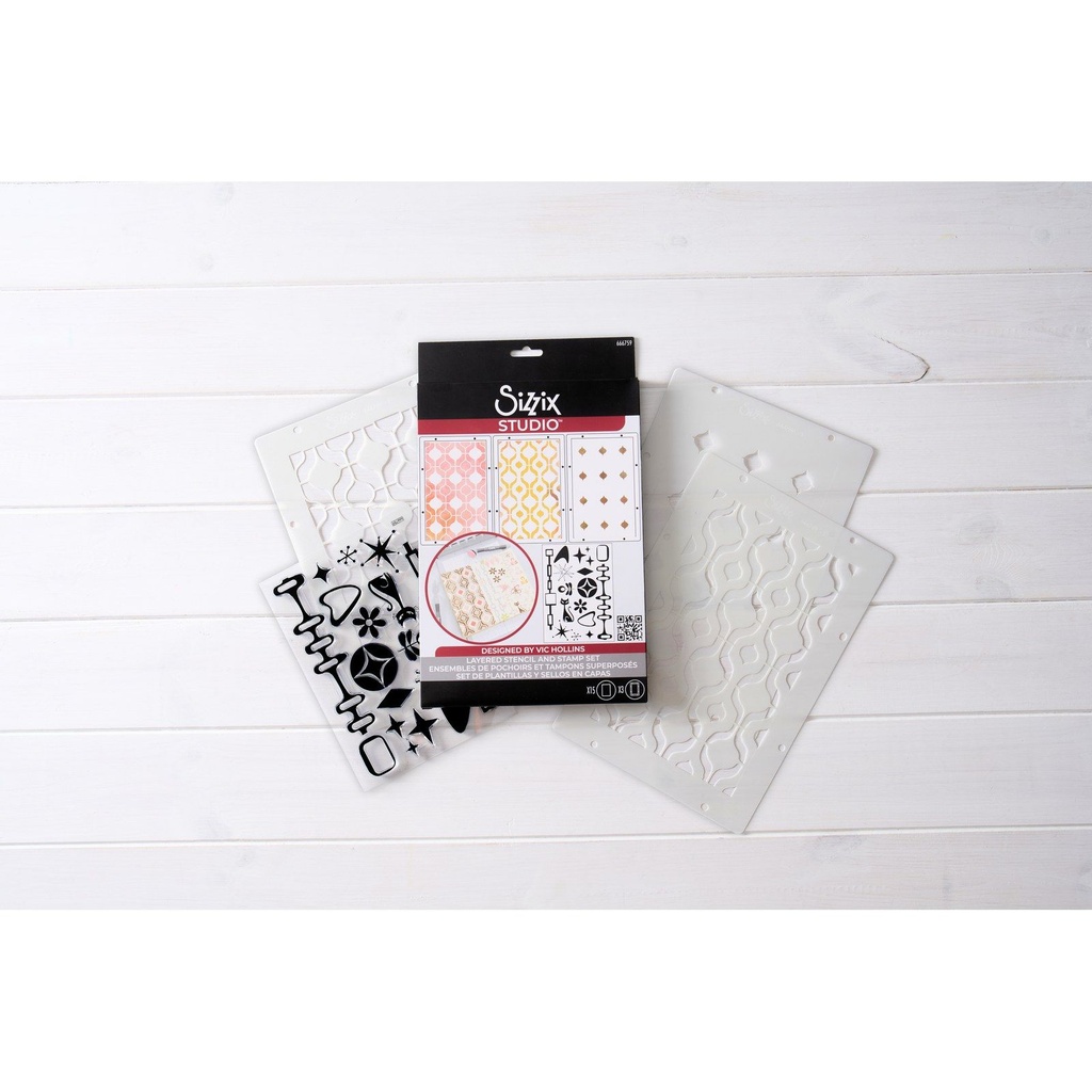 Sizzix Studio Stamps Set 15pcs & 3pcs Stencils Retro By Vic Hollins