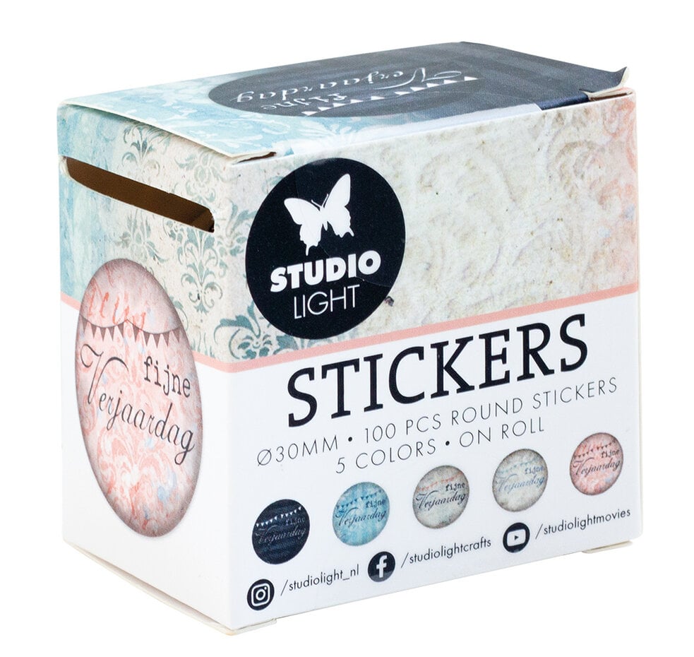 Studio Light Round Stickers on Roll 100/Pkg - Fijne Verjaardag ø30mm