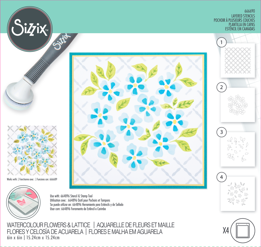 [182302] Sizzix Layered Stencil Watercolour Flowers & Lattice 4pcs