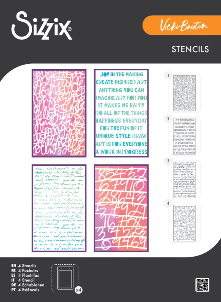 [183606] Sizzix Stencil A5 4/Pkg By Vicki Boutin - Words and Numbers