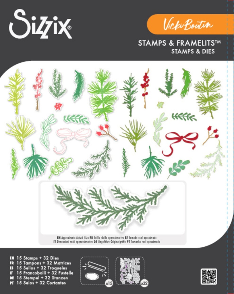 [183736] Sizzix Clear Stamps w/ Framelits Die 15+32/Pkg By Vicki Boutin - 667188 Winter Greenery