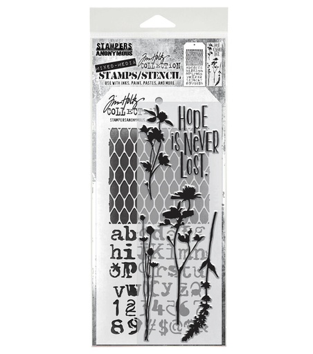 Tim Holtz Clear Stamps and Stencil - #21 Wildflowers, Mesh and Typo