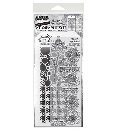 Tim Holtz Clear Stamps and Stencil - #24 Flower Garden, Bubbles and Gingham