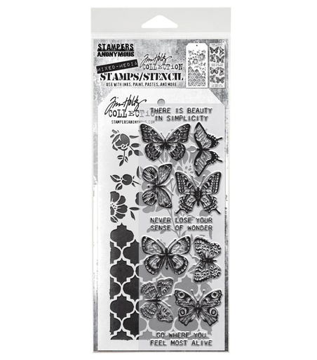 Tim Holtz Clear Stamps and Stencil - #44 Flutter, Floral and Trellis