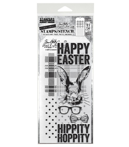 Tim Holtz Clear Stamps and Stencil - #64 Hipster Bunny, Plaid and Polkadot