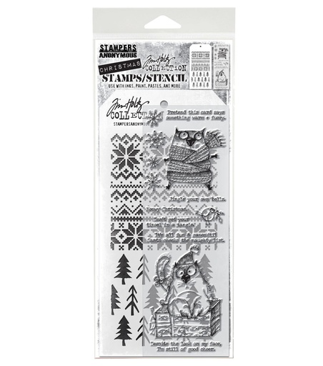 Tim Holtz Clear Stamps and Stencil - #34 Snarky Cat Christmas, Holiday Knit and Pines