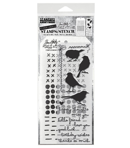 Tim Holtz Clear Stamps and Stencil - #82 Silhouette Birds, Stitches, Dotted and Dashes